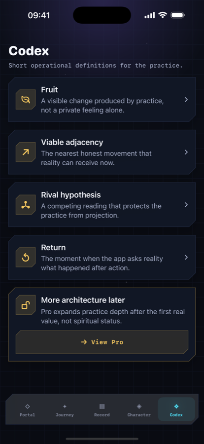 Codex screen in Manifest & Prove: Living Axis.