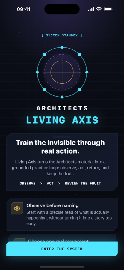 Onboarding screen in Manifest & Prove: Living Axis.