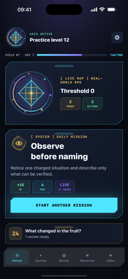 Manifest & Prove: Living Axis Portal screen showing the next real-world practice.